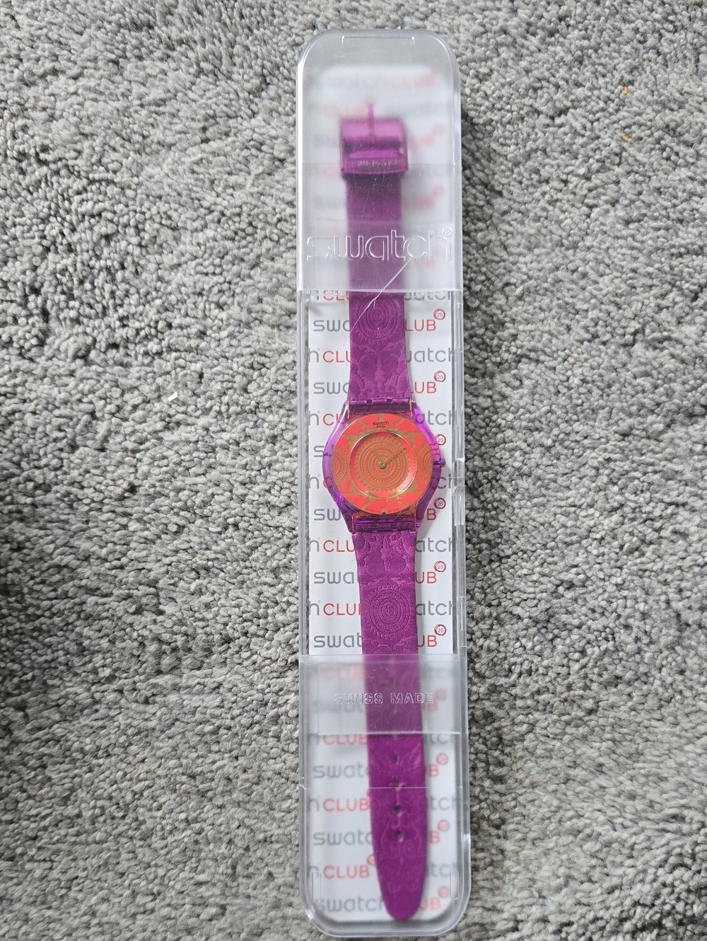 Swatch Purple Strap Watch with Orange Dial
